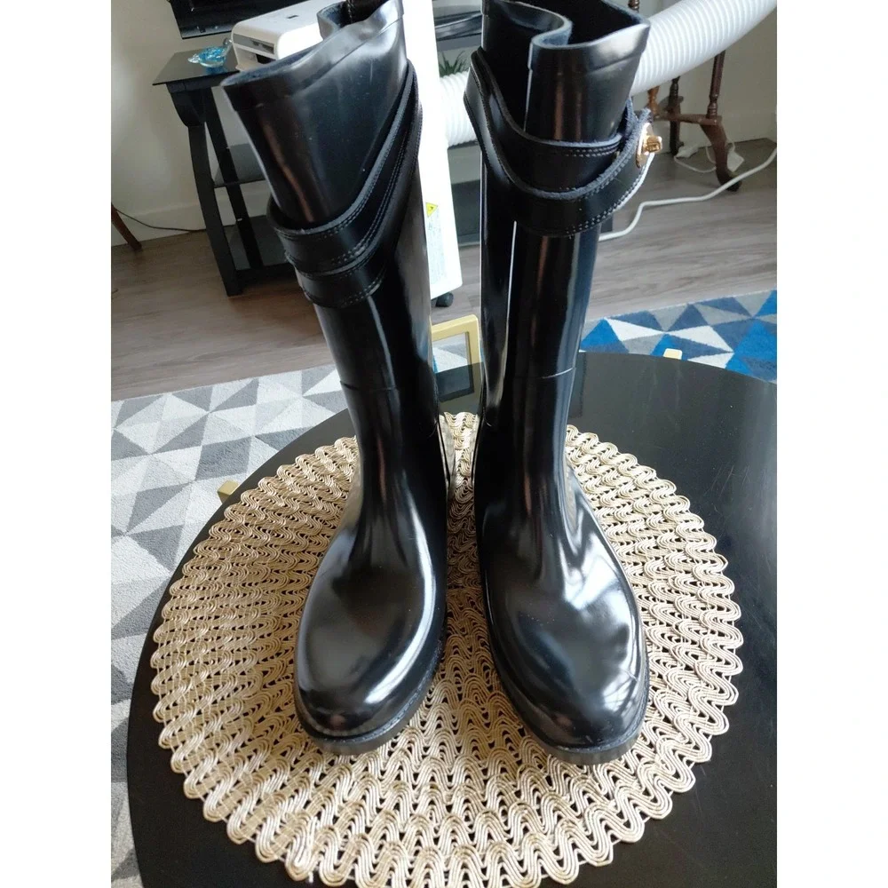 Coach Tara Tall Black Gloss Rubber Rain Boots Size 8 /38